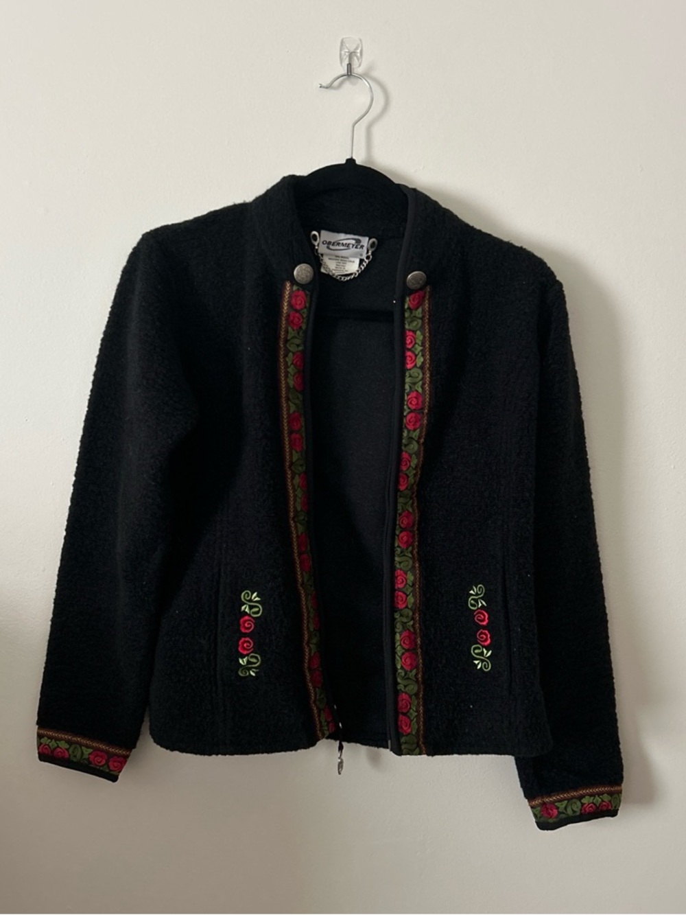 Obermeyer Black Teddy Jacket with Red Rose Embroidery